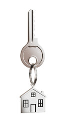 Shiny key with house-shaped keychain isolated on white. Home ownership concept. 3D Rendering