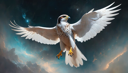 Fantasy Illustration of a wild falcon bird. Digital art style wallpaper background.