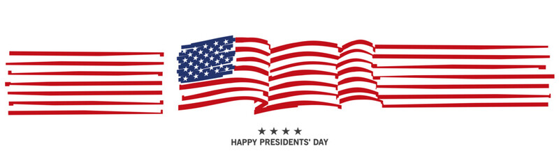 Happy Presidents' Day. USA long wavy abstract flag and ribbon. Banner, poster, greeting card for USA holidays on white background