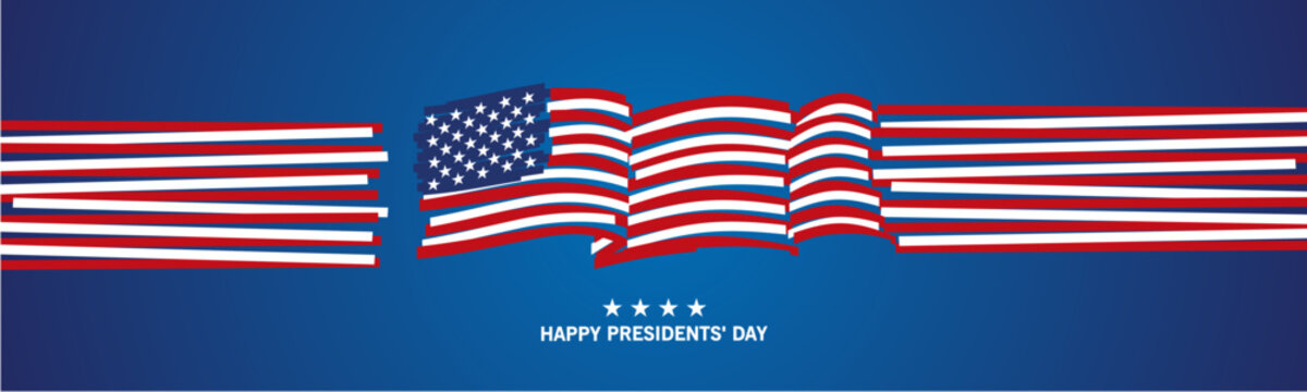 Happy Presidents' Day. USA long wavy abstract flag and ribbon. Banner, poster, greeting card for USA holidays on blue background