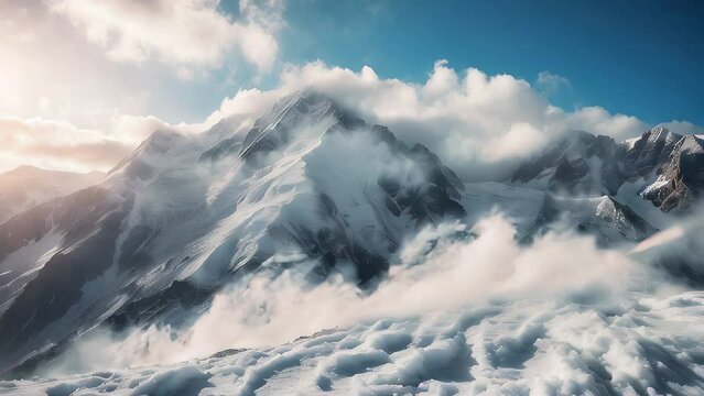 Snow-covered mountain landscape under a blue sky with clouds