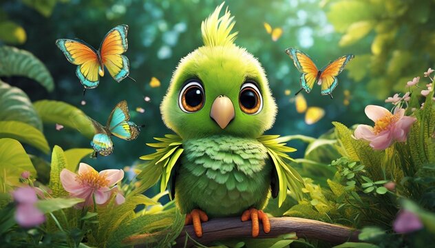 parrot on a branch, green parrot sitting in greenery 