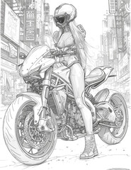 Fototapeta na wymiar Adult coloring page. Girl on motobike