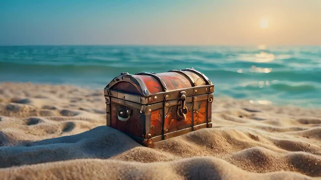 Vintage Wooden Chest on Beach with Gold Treasure Inside