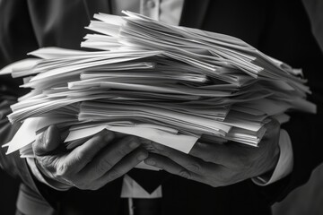 A businessman holding a pile of paper documents.
