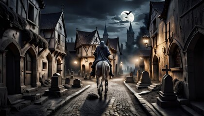 medieval town at night - obrazy, fototapety, plakaty