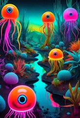 Fototapeta na wymiar illustration black light poster of a neon bright colored underwater world with jellyfish creatures fish with eyeballs eyes and plants