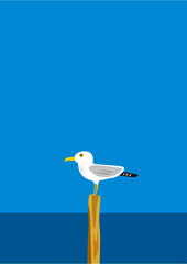 青空の中、カモメが杭の上に止まっているイラスト