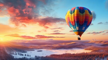 Hot air balloon floating in vivid sky with cloud painted by the sun before sunset in winter. Colorful sky on evening time. Bright blue, orange and yellow colors sunset .