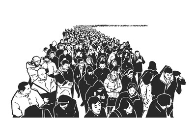 Illustration of large crowd of people standing in line in black and white