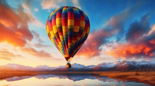 Hot air balloon floating in vivid sky with cloud painted by the sun before sunset in winter. Colorful sky on evening time. Bright blue, orange and yellow colors sunset .