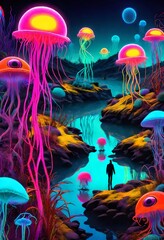 Obraz na płótnie Canvas illustration black light poster of a neon bright colored underwater world with jellyfish creatures fish with eyeballs eyes and plants