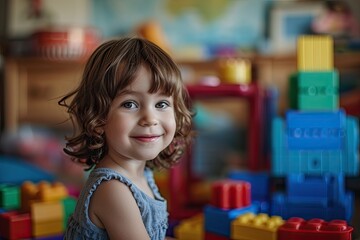 A young girl is playing with building blocks either at kindergarten or at home.