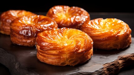 Kouign amann is a French pastry made from bread dough, butter and sugar. The shape is round and also has a denger texture. This pastry has a very delicious sweet and savory taste. - obrazy, fototapety, plakaty