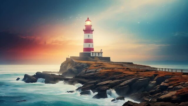 Lighthouse on the coast, glowing in the sunset beside the tranquil sea, framed by rugged rocks and a serene sky