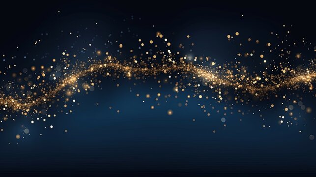 Magic night dark blue banner with sparkling glitter bokeh and line art. Horizontal line vector wedding backdrop. Gold confetti and navy background. Golden scattered dust.Fairytale magic star template