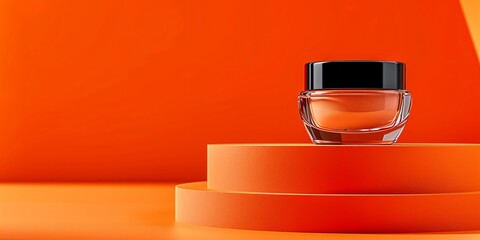 a glass container with a black lid on a round orange podium - obrazy, fototapety, plakaty