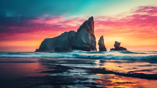 sunset on the beach an rocks