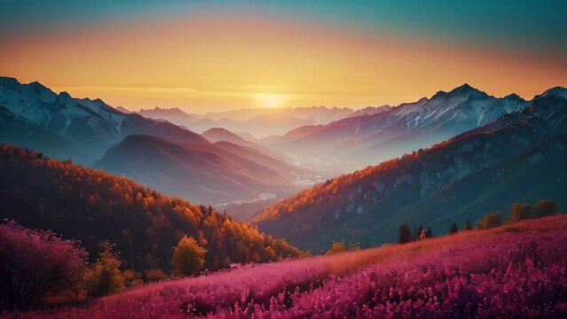 Misty Mountain Sunrise: A breathtaking landscape with fog-kissed hills, snow-capped peaks, and the warm glow of the morning sun rising over a tranquil valley