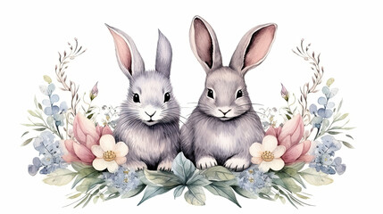 Happy easter two bunnies with leaves and wildlowers. Hand drawing illustration. Spring holiday concept
