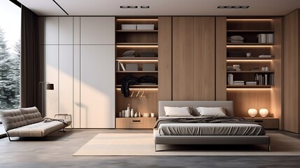 A bedroom with a wall-mounted bed that conceals within a built-in wardrobe
