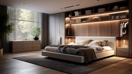 A bedroom with a wall-mounted bed that conceals within a built-in wardrobe - obrazy, fototapety, plakaty