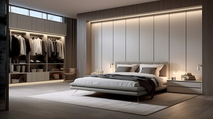 A bedroom with a wall-mounted bed that conceals within a built-in wardrobe - obrazy, fototapety, plakaty