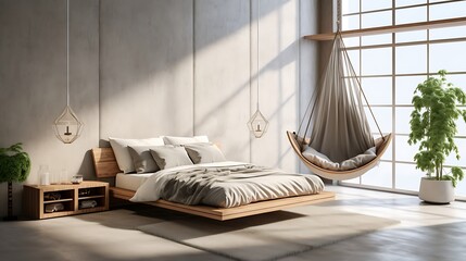 A bedroom with a suspended hammock bed for a unique and minimalist look