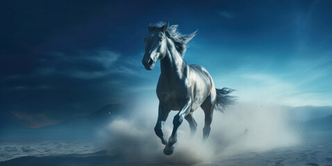 Obraz na płótnie Canvas Mustang horse run gallop in dust against. Fast free animal
