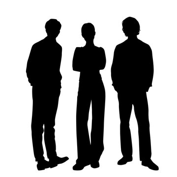 Vector silhouettes of  two women and man, a group of standing   business people, profile, black  color isolated on white background