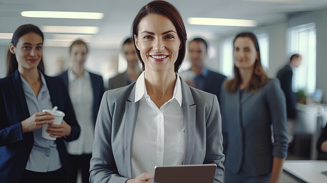 Smiling confident business leader looking at camera and standing in an office at team meeting. Portrait of confident businesswoman with colleagues in boardroom. Posing while holding digital tablet.