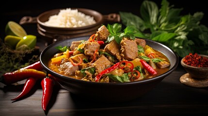 spicy thai curry with pork meat serving with rice and decorating with herbal vegetable ingredients...