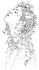Fototapeta na wymiar Line Drawing of a Woman Covered with Flowers on a White Background