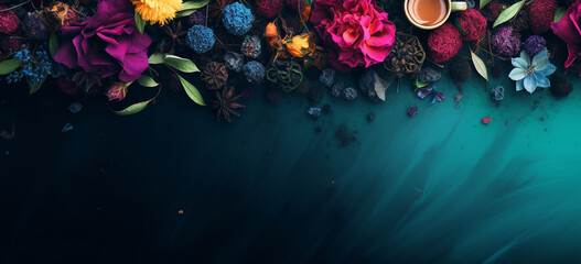 Fragrant tea, mixture of fine black and green tea with berries, flower petals and aroma, banner with space for copying. different color background. - Powered by Adobe