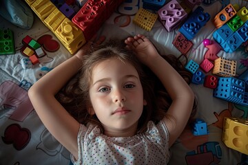 A young girl is playing with building blocks either at kindergarten or at home.