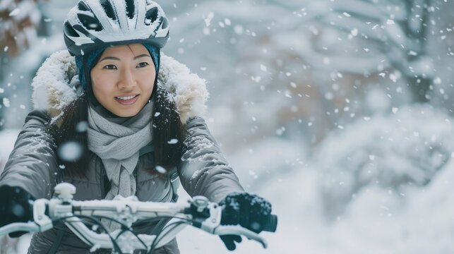Japanese Woman Cyclist Riding Bike Through Snow-Covered Landscape