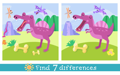 Cute cartoon dinosaur. Flat stylised isolated simple illustration. Find 7 differences. Educational puzzle game for children. Vector graphics.