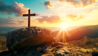 A wooden cross on a rock, the sun shines on the cross, Easter Celebration 