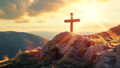 A wooden cross on a rock, the sun shines on the cross, Easter Celebration  - obrazy, fototapety, plakaty