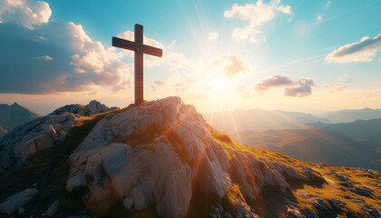 A wooden cross on a rock, the sun shines on the cross, Easter Celebration 