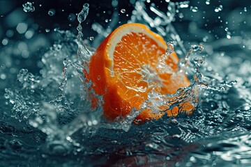 Orange In Water Surreal And Forming A Splash Falling Into The Water Realistic Scene