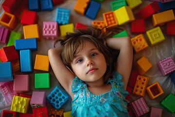 Fototapeta na wymiar A little girl is engaged in playing with building blocks, whether at kindergarten or in her home.