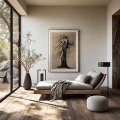 A bedroom with a minimalist daybed and a statement chair for functional simplicity