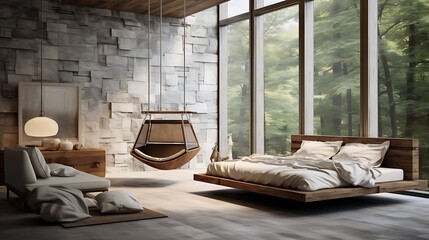 A bedroom with a minimalist hanging bed suspended from the ceiling, creating an airy feel