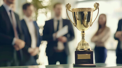 Golden Trophy Cup in Focus with Blurred Background of Business People - obrazy, fototapety, plakaty