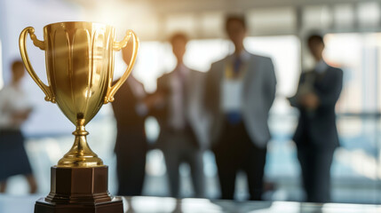 Golden Trophy on Display with Blurred Business Professionals in the Background and Copyspace