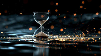 Elegant hourglass, clear and shining, cascading sands on a captivating dark backdrop—time's beauty in transparent brilliance. - obrazy, fototapety, plakaty