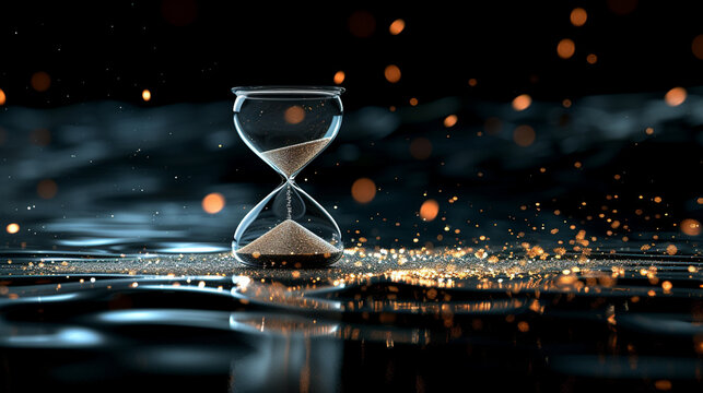 Elegant hourglass, clear and shining, cascading sands on a captivating dark backdrop&mdash;time's beauty in transparent brilliance.