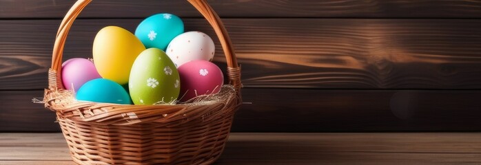 Fototapeta na wymiar Happy Easter day banner decoration colorful eggs on wooden background with copy space. Easter eggs colored on the basket.