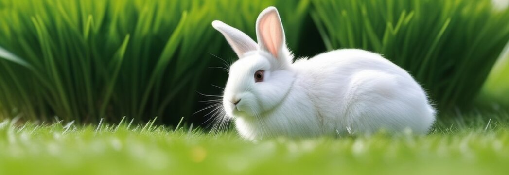 Small adorable rabbit, baby fluffy rabbit sitting on dry green grass nature background. Banner bunny pet animal farm concept